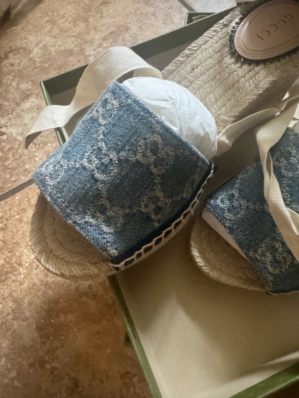 🆕 Gucci Pilar 51mm Denim Blue Espadrille Wedge Sandal with Ankle Tie - Picture 5 of 9